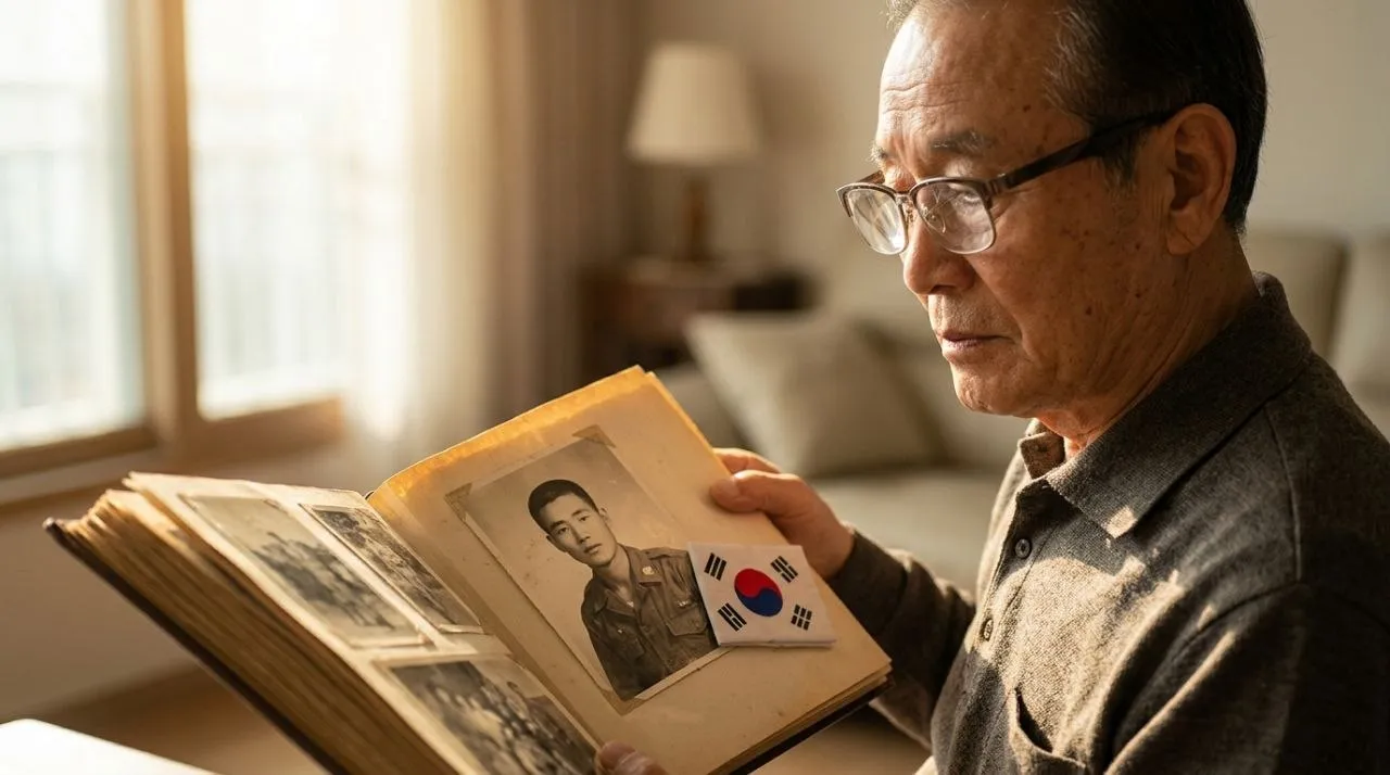 6.25 전사자 유가족 찾기 - 낡은 흑백 가족사진과 태극기가 함께 놓여있는 장면