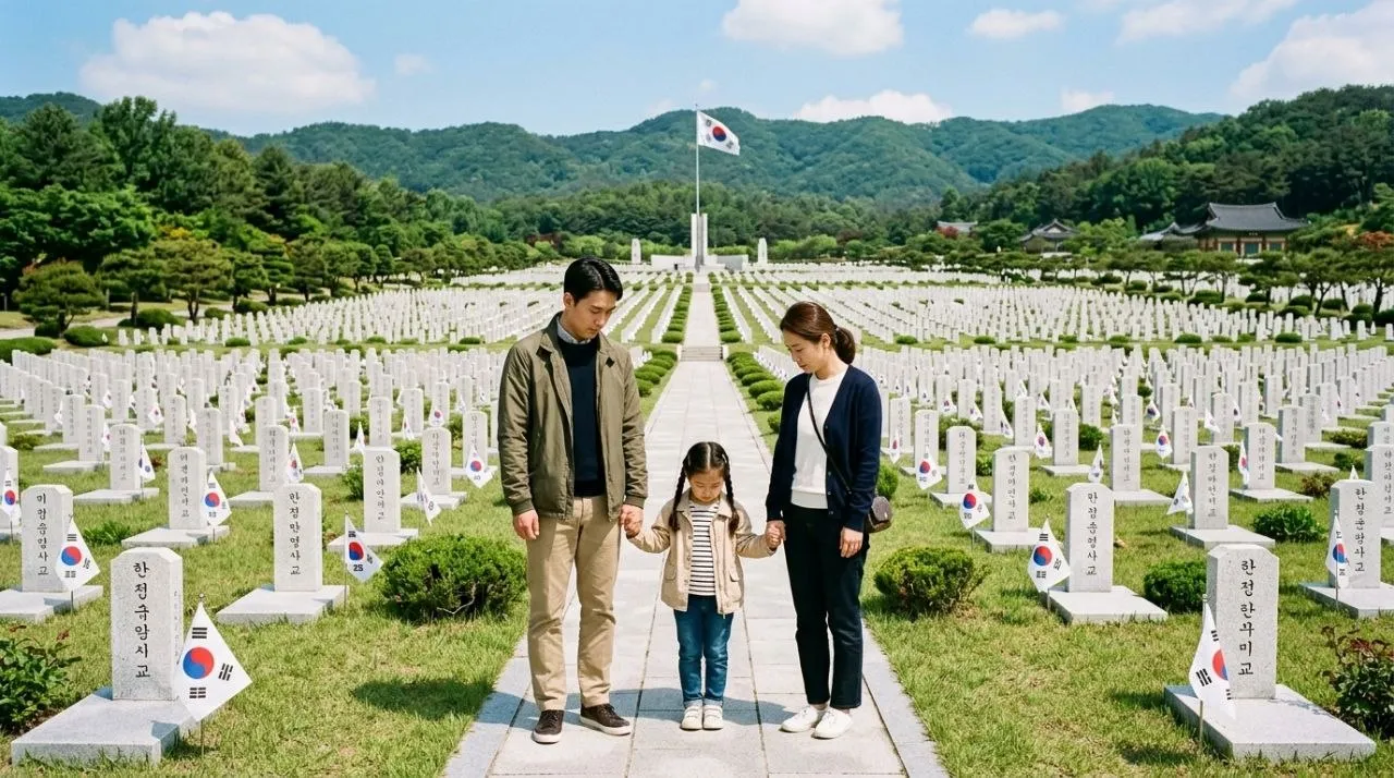 호국의 영웅을 가족의 품으로 - 국립현충원에 안장된 묘비 앞에 한 한국인 가족이 묵념하는 뒷모습