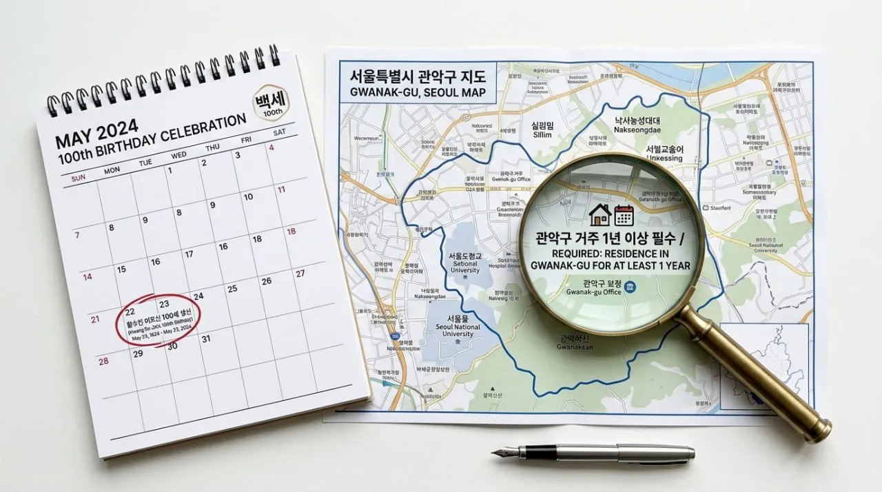 관악구 100세 어르신 지원 자격 - 달력에 100세 생일이 표시되어 있고, 관악구 지도가 보이는 모습
