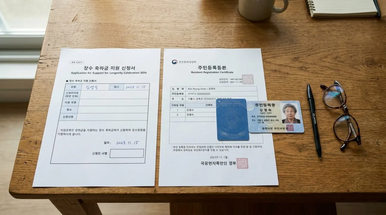 관악구 100세 어르신 장수축하물품 신청 서류 - 신청서와 신분증, 주민등록등본이 깔끔하게 정리된 모습