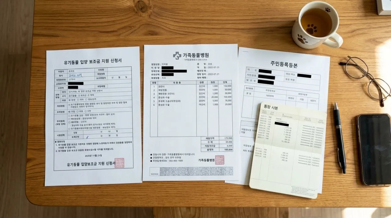 관악구 유기동물 입양비 지원 신청 서류 - 책상 위에 신청서, 통장, 반려동물 사진이 정돈되어 있다.