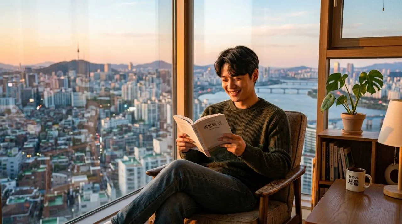 광진구 청년문화생활 바우처 - 한 청년이 공연장에서 밝게 웃으며 무대를 바라보는 모습