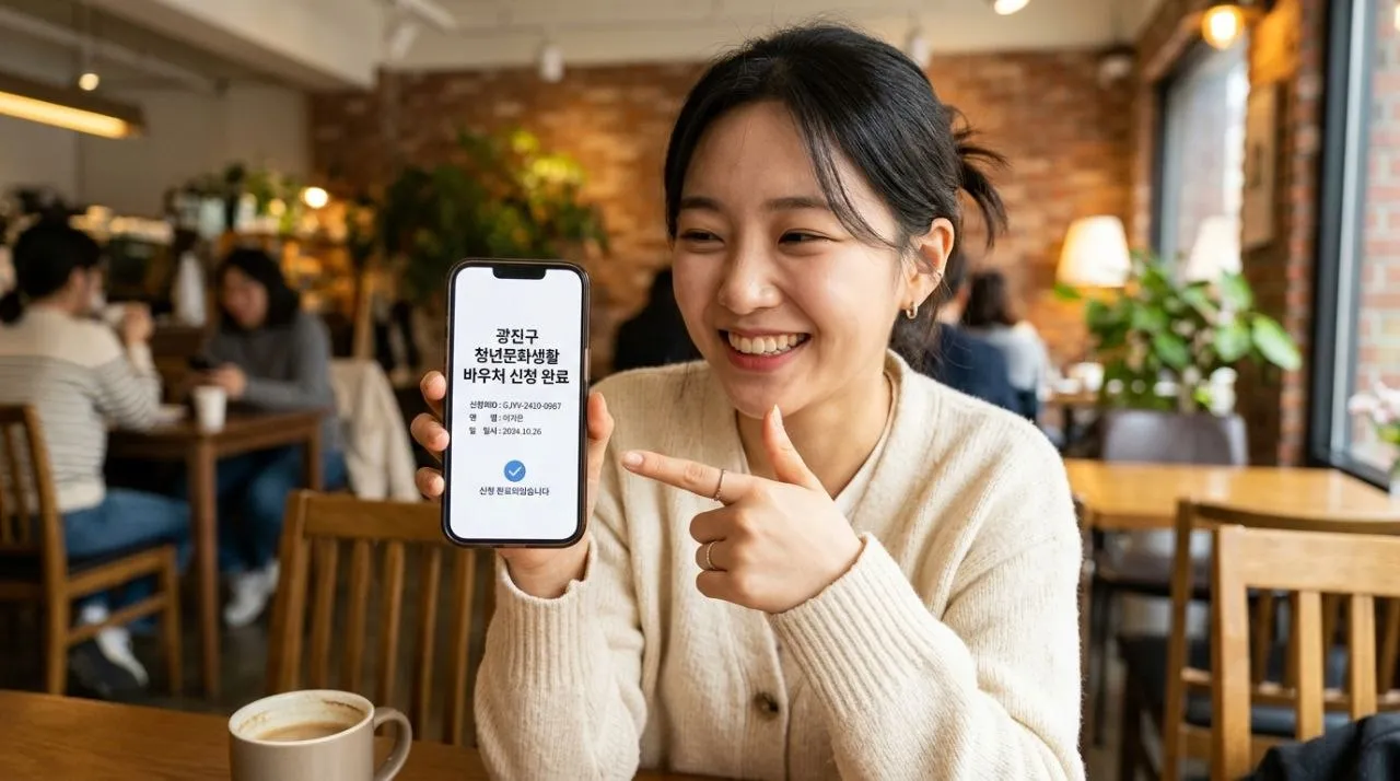 광진구 청년문화생활 바우처 신청 - 한 청년이 스마트폰으로 광진구청 홈페이지에 접속하여 바우처를 신청하는 모습