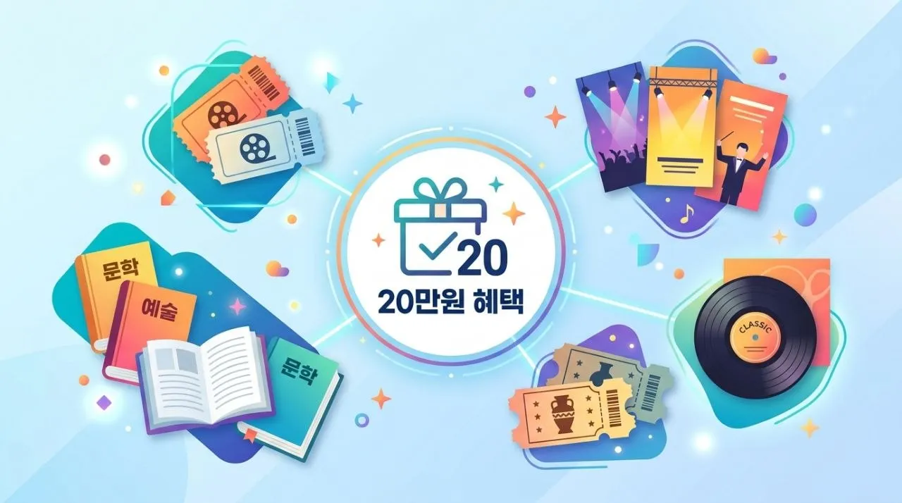 광진구 청년문화생활 바우처 혜택 - 영화 티켓, 책, 미술관 입장권 등 다양한 문화생활을 상징하는 아이콘들이 모여있는 이미지