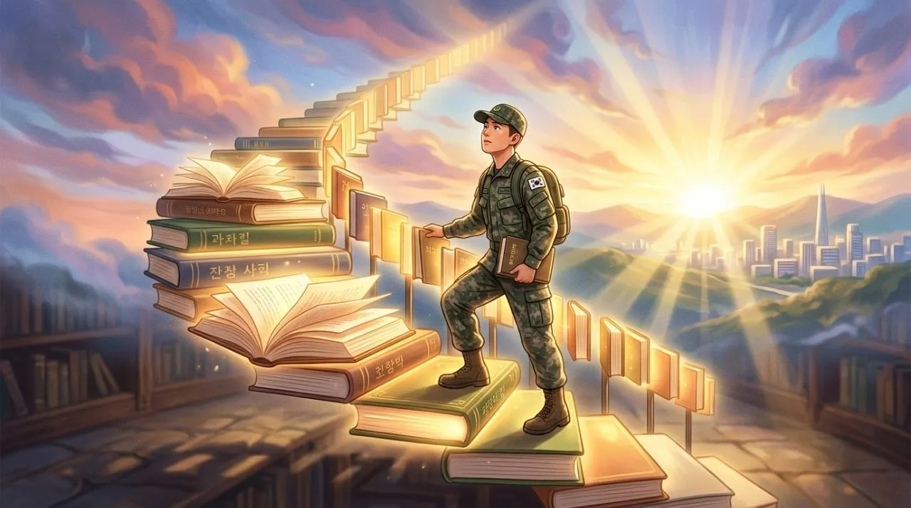 맞춤형 e북 지원 - 군복을 입은 한국인 병사가 생활관에서 태블릿으로 빛나는 전자책을 보며 미래를 설계하는 모습