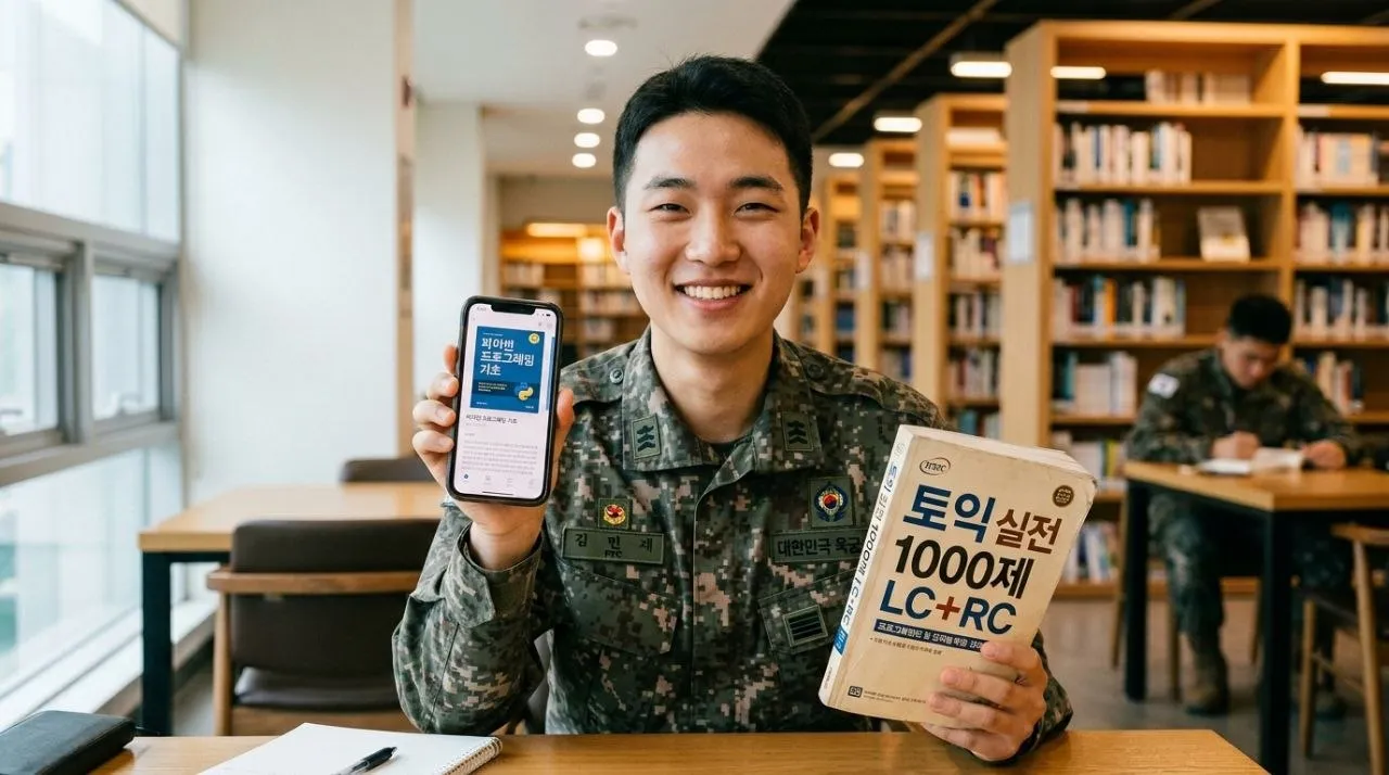 맞춤형 e북 지원 - 스마트폰 화면에 장병e음 앱 아이콘이 있고, 그 주위로 교보문고, 밀리의 서재 등 제휴 서점 로고 아이콘들이 연결되어 있는 그래픽 이미지