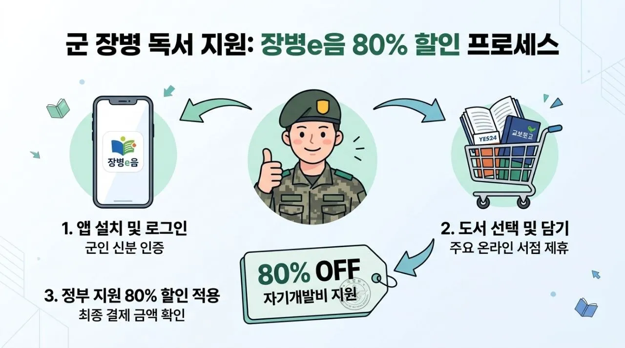 맞춤형 e북 지원 - 전역모를 쓴 한국인 청년이 자신감 있는 표정으로 현대적인 사무실에 들어서는 뒷모습. 그의 손에는 군 복무 중 쌓은 지식과 경험이 담긴 서류가 들려있다.