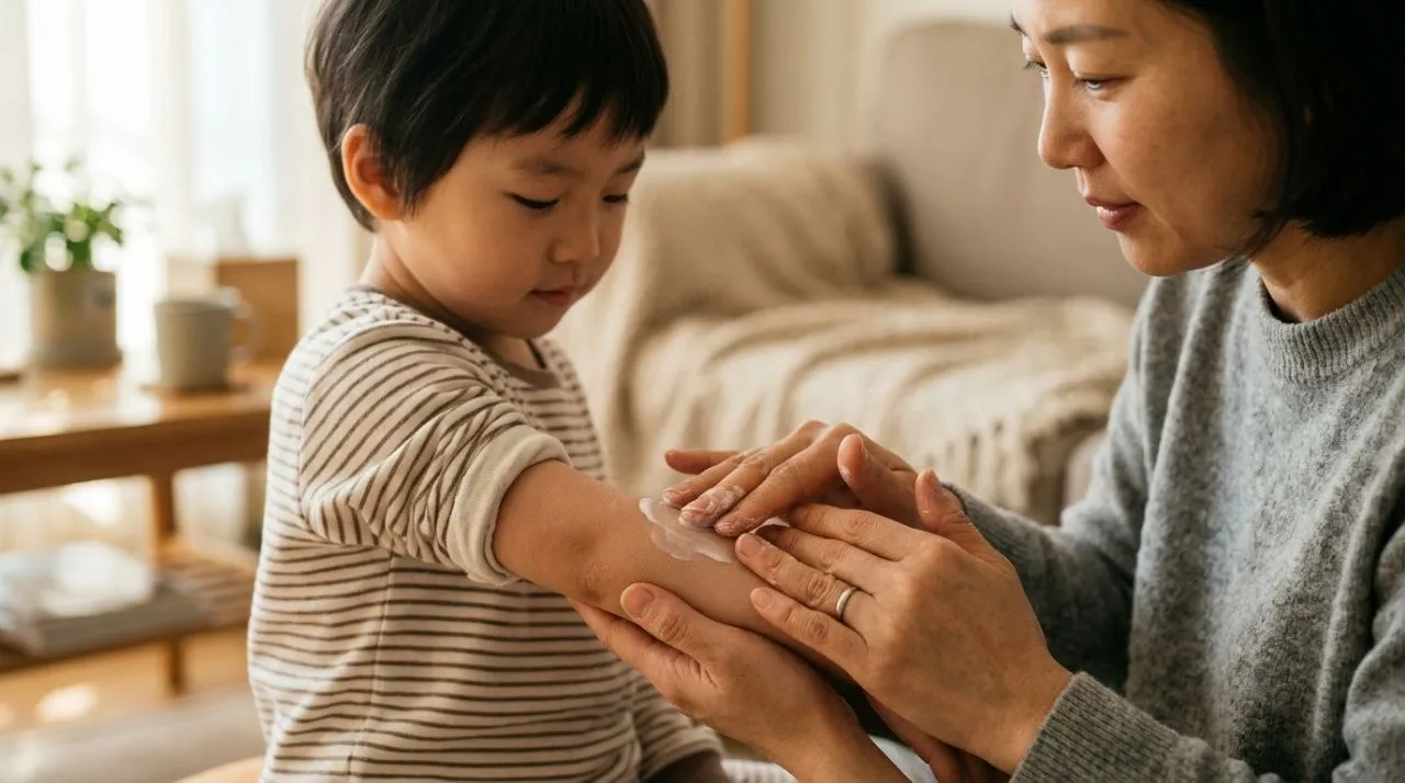 금천구 아토피 보습제 지원 - 엄마가 아이의 팔에 부드럽게 보습제를 발라주는 모습