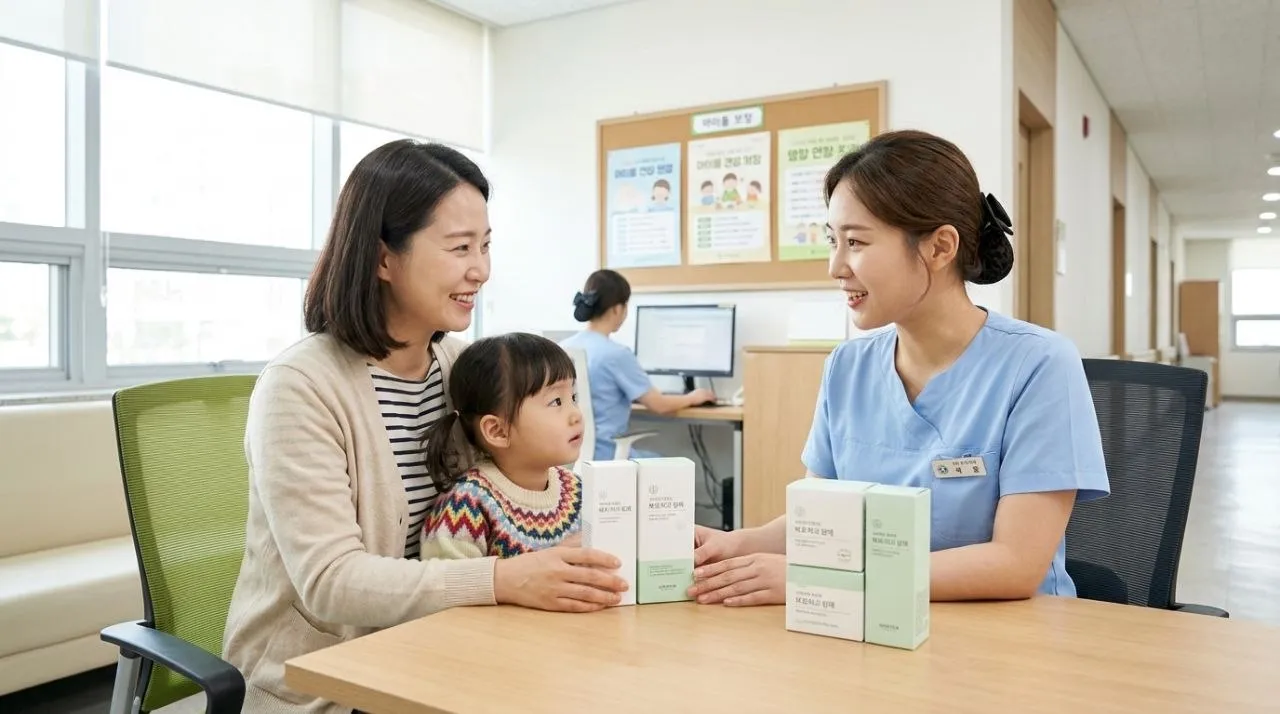 금천구 아토피 보습제 지원 - 보건소에서 지원받은 보습제 세트를 들고 환하게 웃는 아이와 엄마