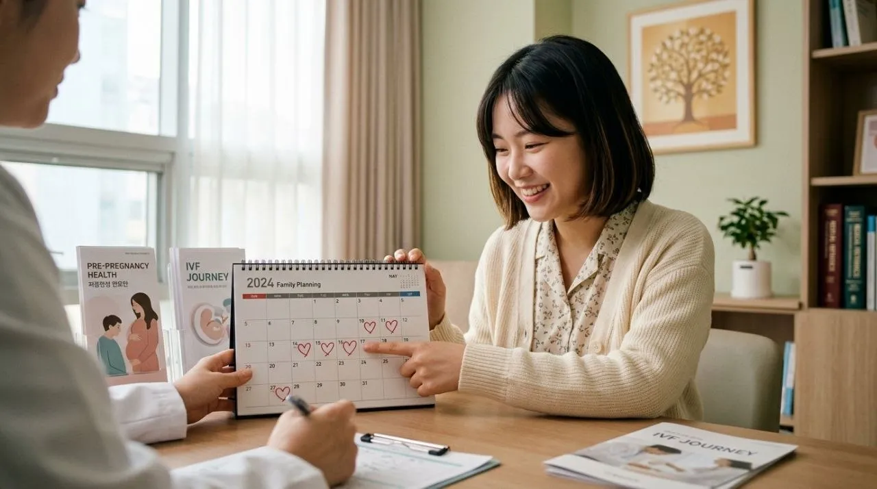 동작구 HPV 검사비 지원 - 한 젊은 한국인 여성이 밝은 병원 상담실에서 미래를 계획하며 달력을 보고 있는 모습