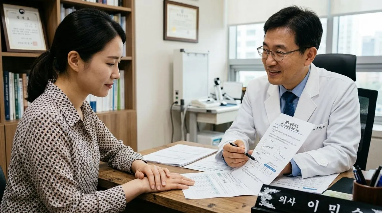 동작구 HPV 검사비 신청 절차 - 신뢰감 있는 한국인 의사가 환자에게 서류를 보며 친절하게 설명하는 모습