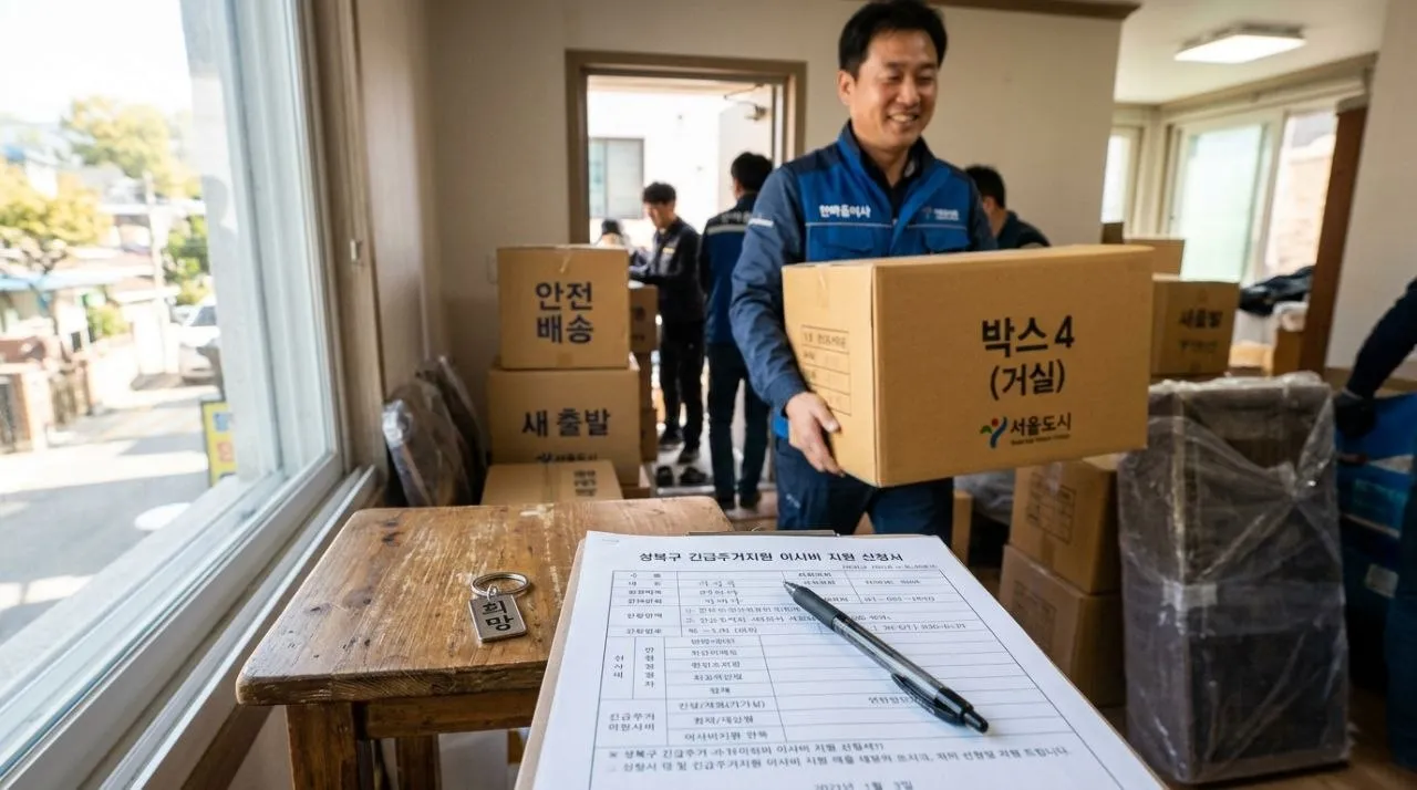 성북구 전세사기 피해자 지원 - 이삿짐 센터 직원이 박스를 옮기는 모습과 지원 서류가 함께 놓여있는 장면