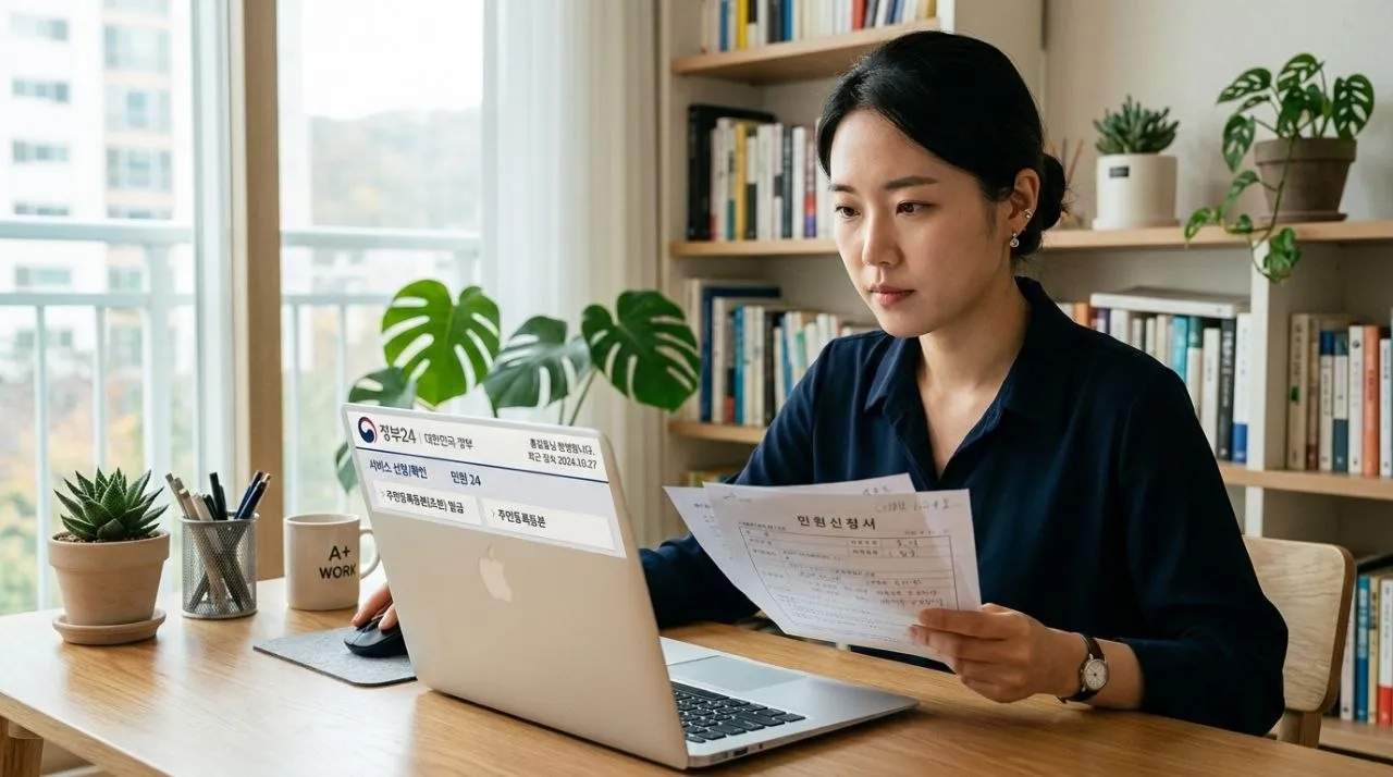 성북구 전세사기 피해자 지원 - 한 한국인 여성이 정부24 로고가 보이는 컴퓨터 앞에서 서류를 준비하며 신청하는 모습