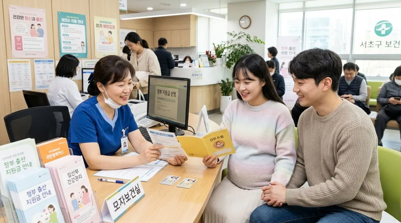 임산부 백일해 예방접종 - 한 한국인 예비 부부가 보건소에서 서류를 준비하고 상담받는 긍정적인 모습