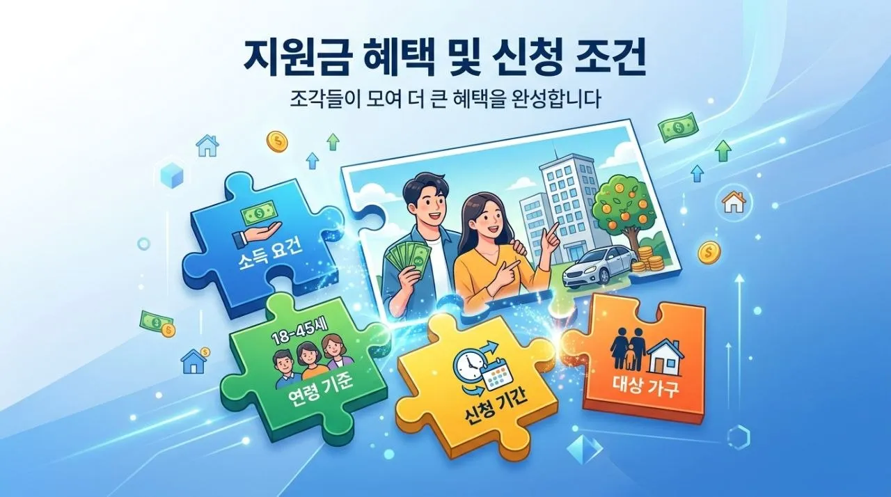 청년 지원 정책 - 월세, 적금, 일자리 등 다양한 혜택이 하나의 나무에서 뻗어나가는 모습
