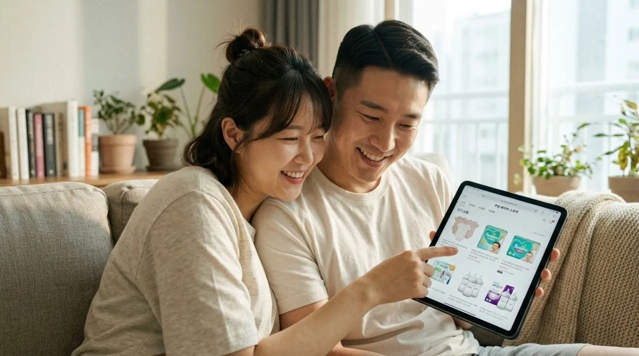 중랑구 출산축하용품 지원 - 행복한 한국인 부부가 아기 용품 온라인 쇼핑몰을 보며 미소 짓는 모습
