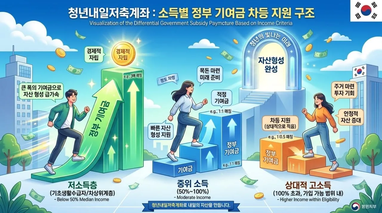 청년내일저축계좌 - 소득 기준에 따른 정부 지원금 차등 지급 구조 시각화
