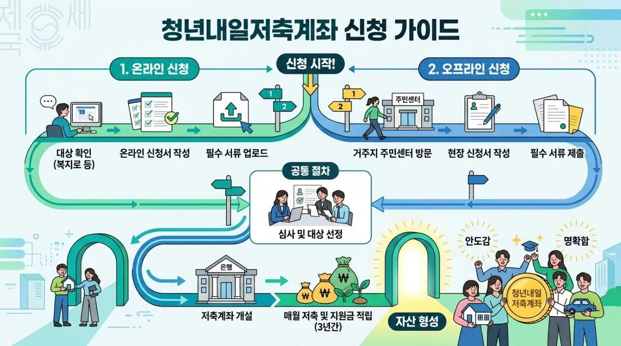 청년내일저축계좌 - 온라인과 오프라인 신청 경로를 안내하는 흐름도